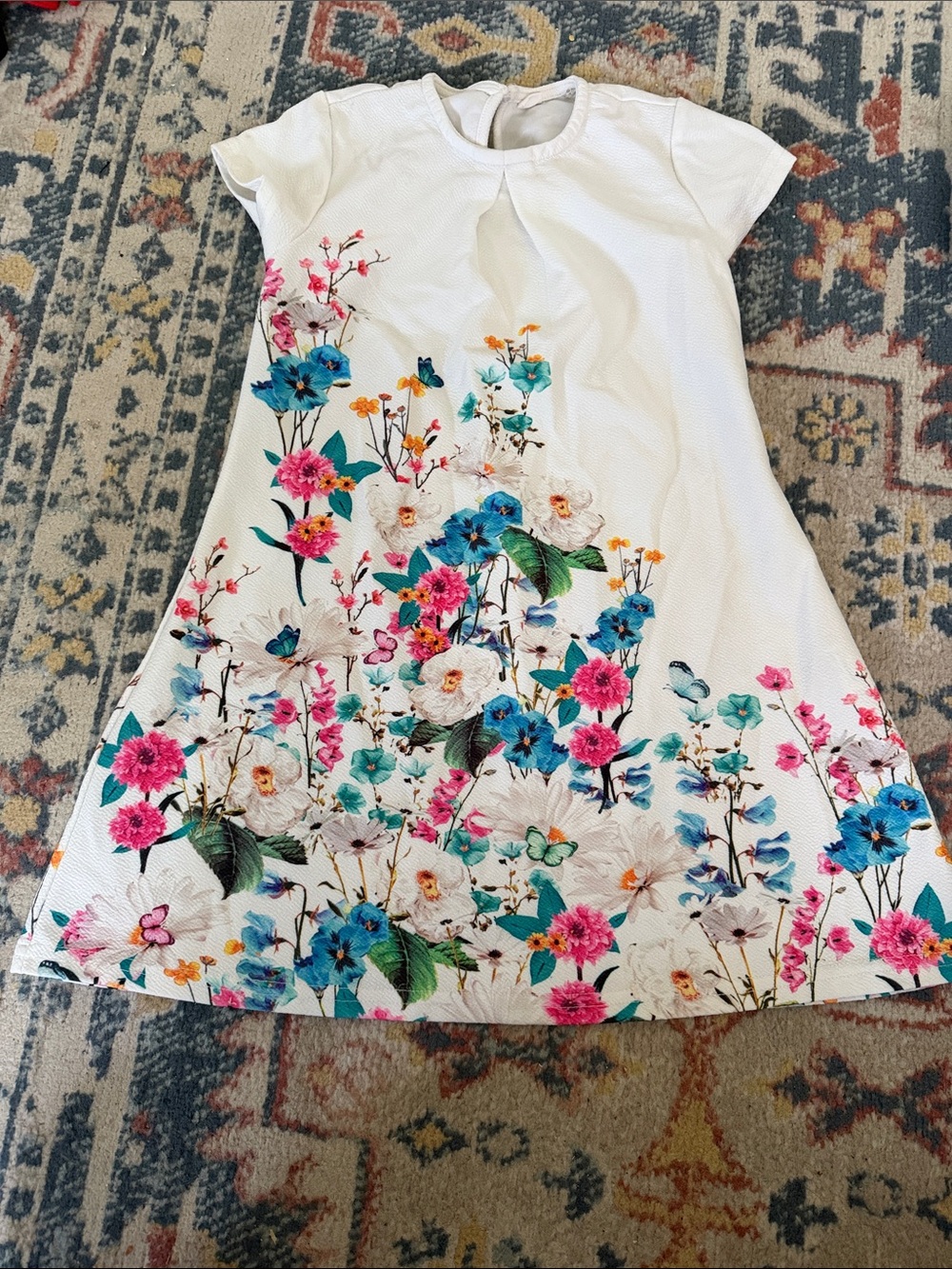 Girls' White Floral A-Line Dress with Pink & Blue Flowers